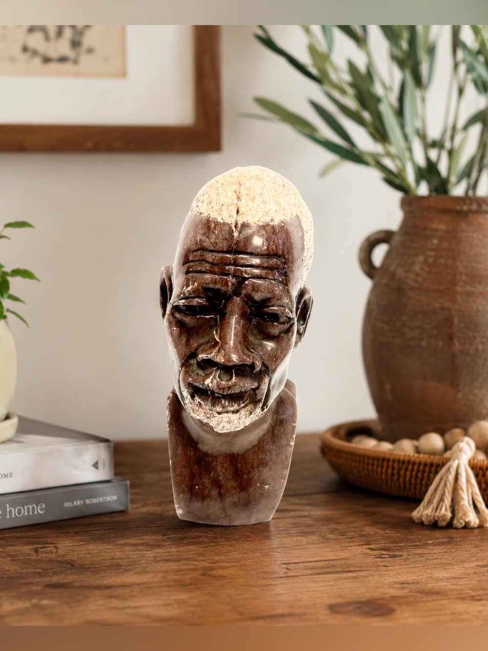 Vintage African Soapstone Art Sculpture of Shona Tribe Elder Carved Bust Decor
